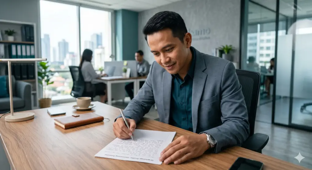 Manajer HRD pria sedang menganalisis dokumen tulisan tangan untuk memetakan potensi diri dan karakter profesional.