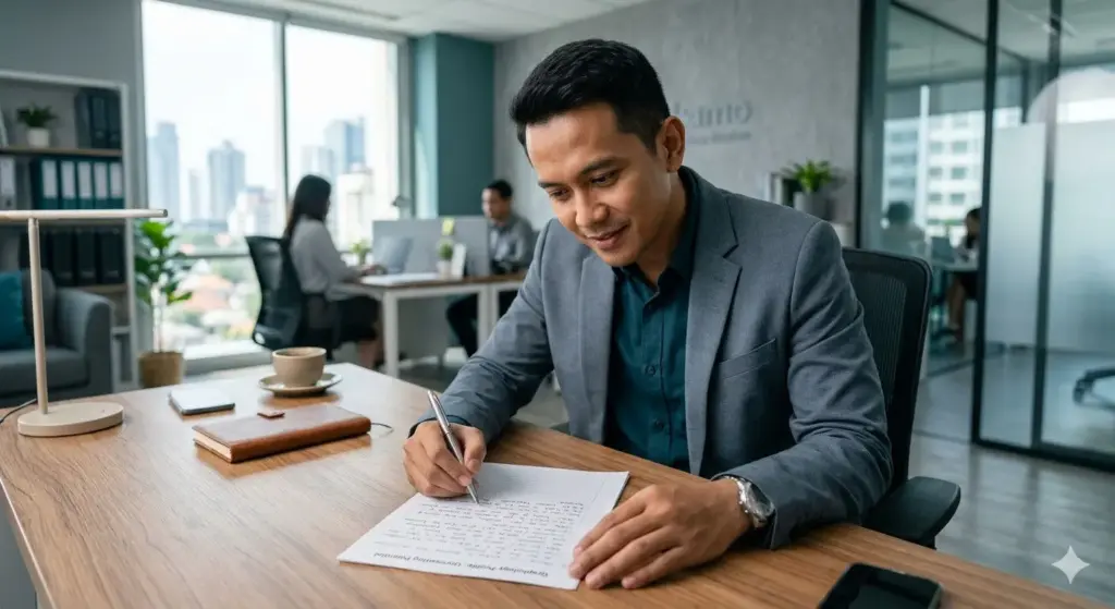 Manajer HRD pria sedang menganalisis dokumen tulisan tangan untuk memetakan potensi diri dan karakter profesional.