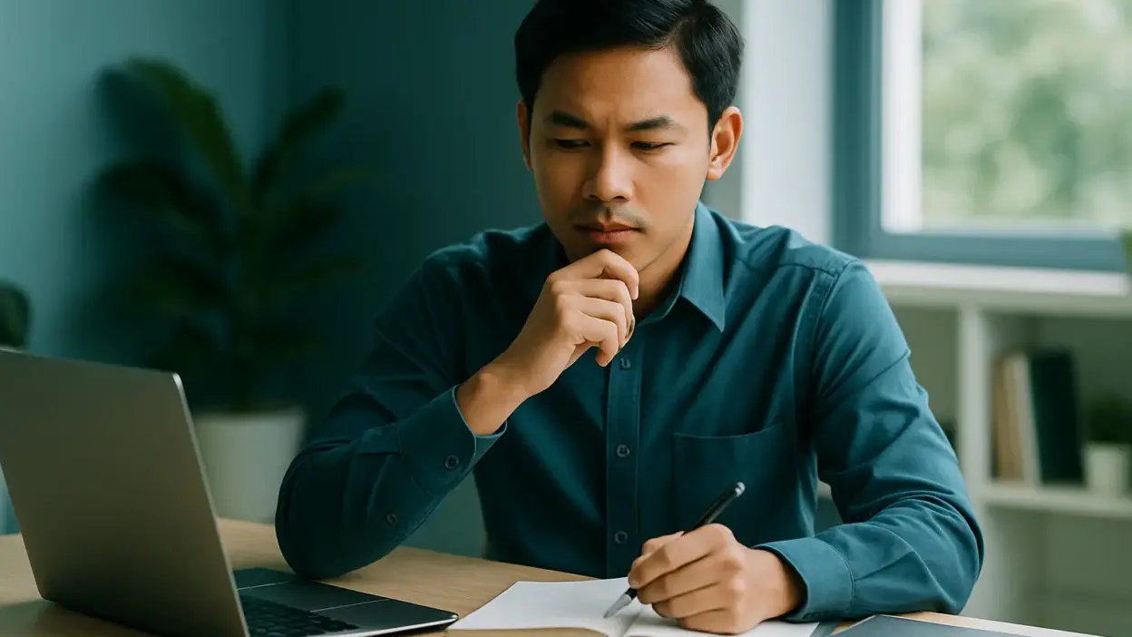 Profesional muda sedang menyusun rencana career switch secara terarah di meja kerja