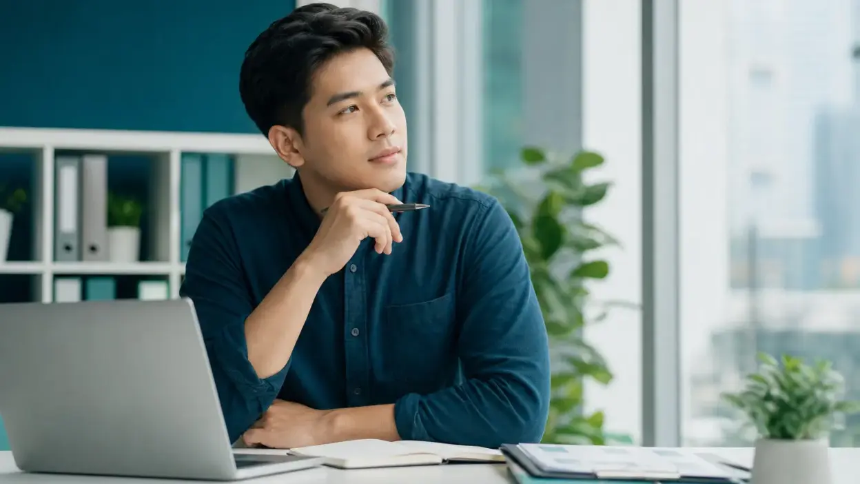 Profesional muda menyusun rencana career switch terukur dengan catatan dan laptop