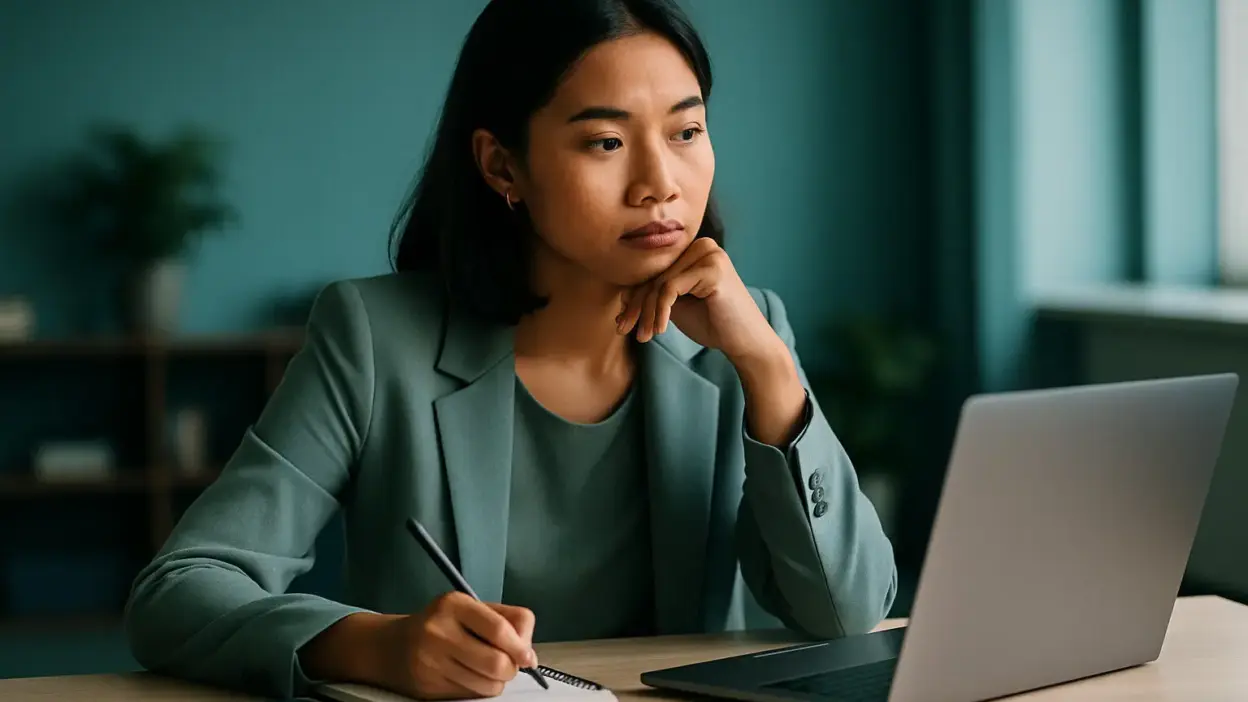 Profesional muda sedang refleksi dan merencanakan career switch secara terukur di meja kerja