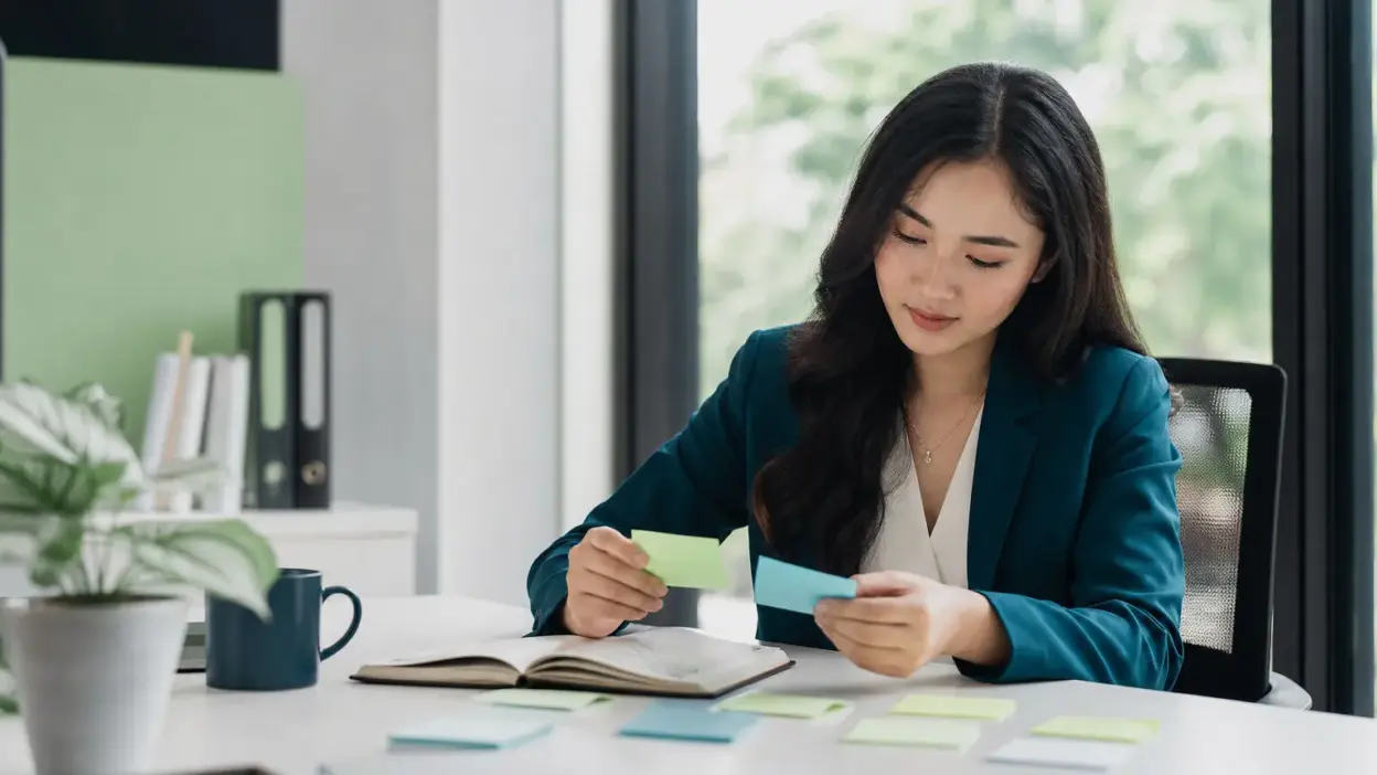 Profesional muda Indonesia membandingkan pilihan karier sambil merefleksikan gaya kerja diri sendiri di meja kerja modern