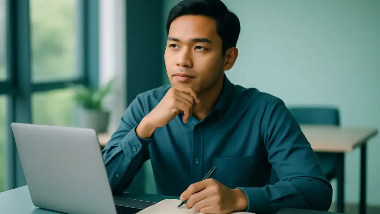 Ilustrasi profesional muda sedang mengelola stres kerja di lingkungan kantor dengan pendekatan psikologi di tempat kerja