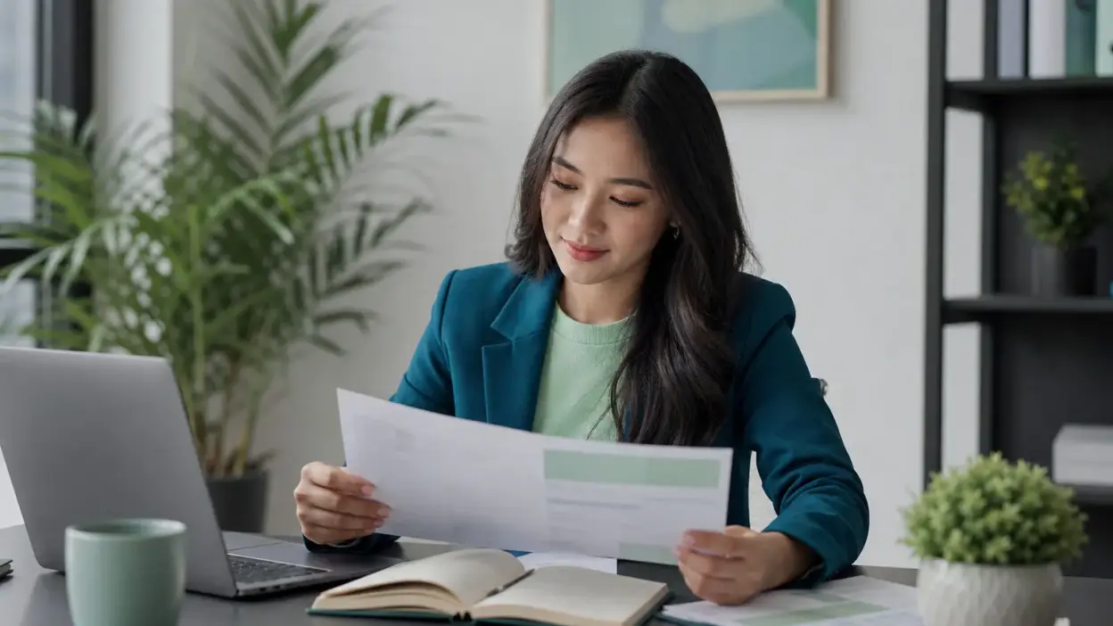 Seorang profesional muda Indonesia meninjau catatan karier dan jurnal tulisan tangan di meja kerja modern sebagai bagian dari proses mengenali potensi diri