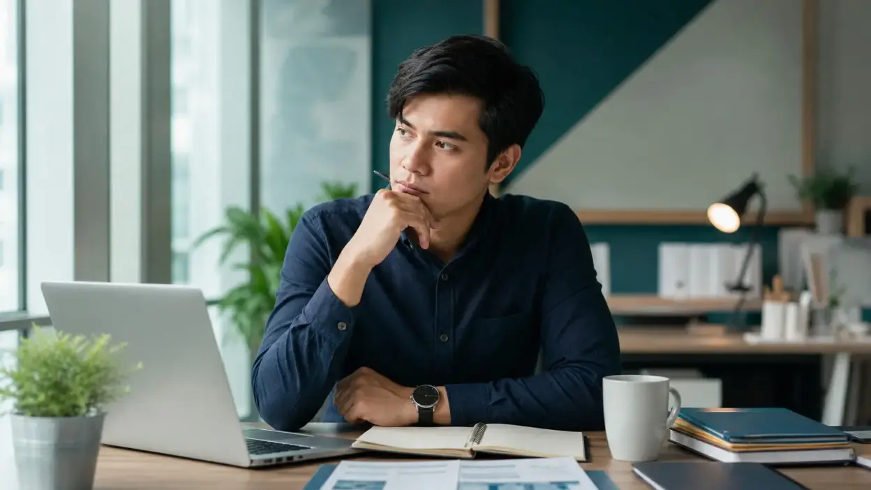 Profesional muda merefleksikan psikologi uang dan motivasi tujuan dalam keputusan karier
