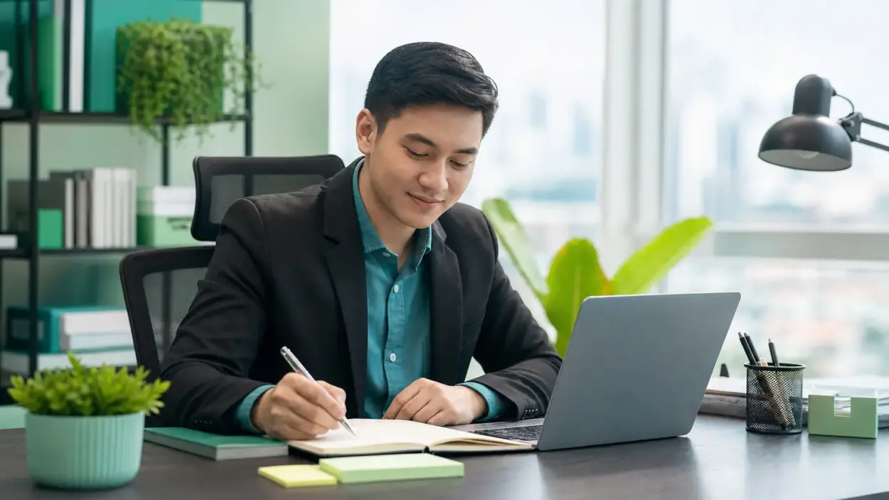Profesional muda Indonesia menulis catatan personal branding di meja kerja modern