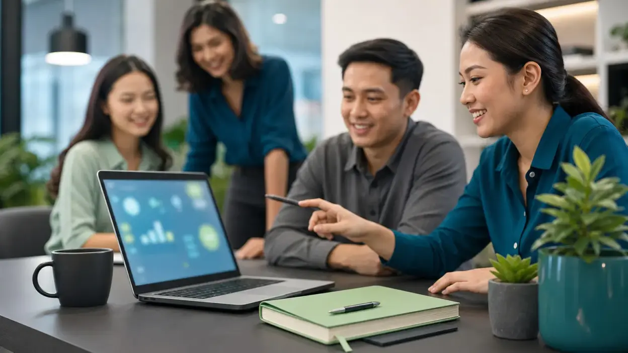 Profesional muda Indonesia di kantor modern mempelajari skill humanis dengan laptop dan buku catatan