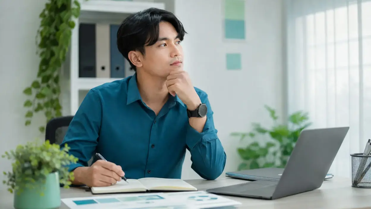 Profesional muda di kantor sedang merefleksikan cara mengelola stres kerja dengan batas sehat psikologis