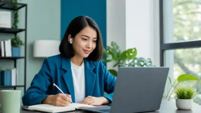 Profesional muda Indonesia mengikuti webinar grafologi untuk pengembangan karier di laptop